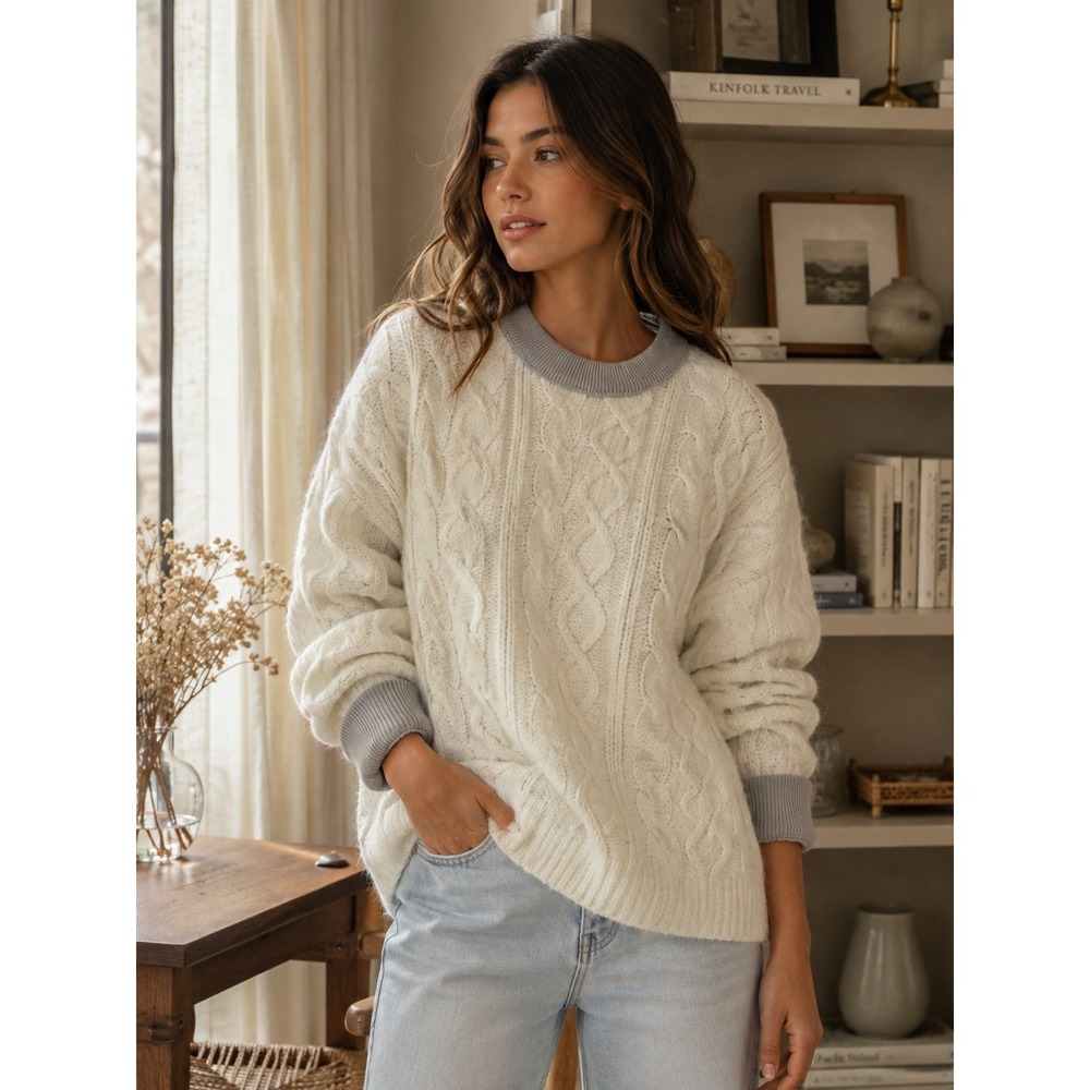By Together Sweater Womens Small Cream Cable Knit Coastal Grandma Preppy